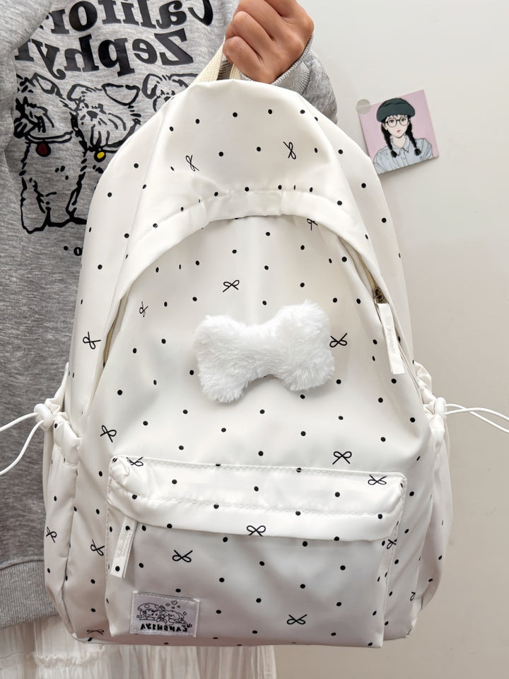 Cute Polka Dot Backpack with Plush Bow Bowlift