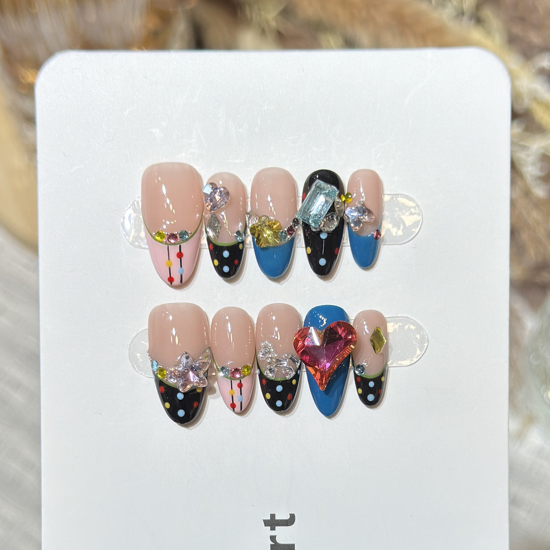 Artistic Press-On Nail Set with Colorful Jewel Accents Bowlift