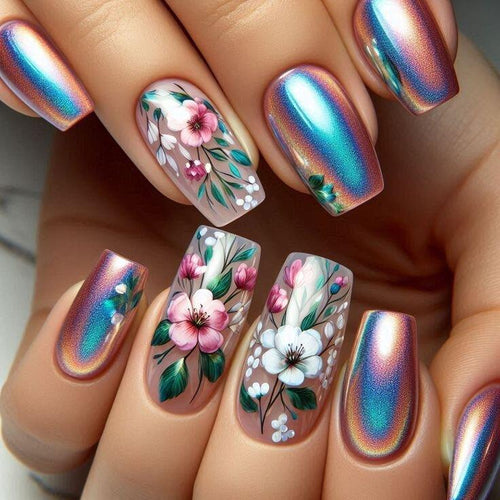 Artificial nails with floral and holographic accents Bowlift