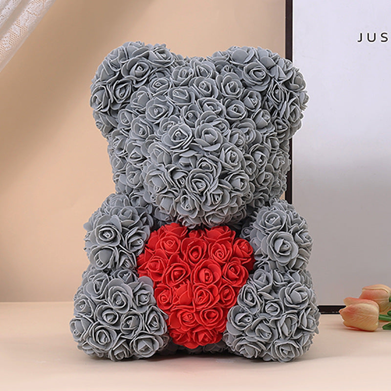 Foam Rose Teddy Bear Gift Sculpture With Satin Ribbon Bow