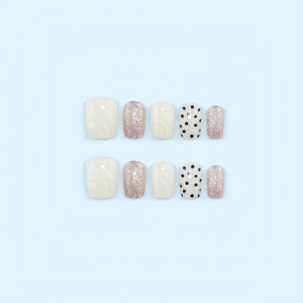 Artificial nail set with elegant glitter and dot design Bowlift