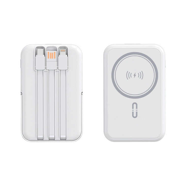 Portable power bank with integrated charging cable and wireless charging function Bowlift