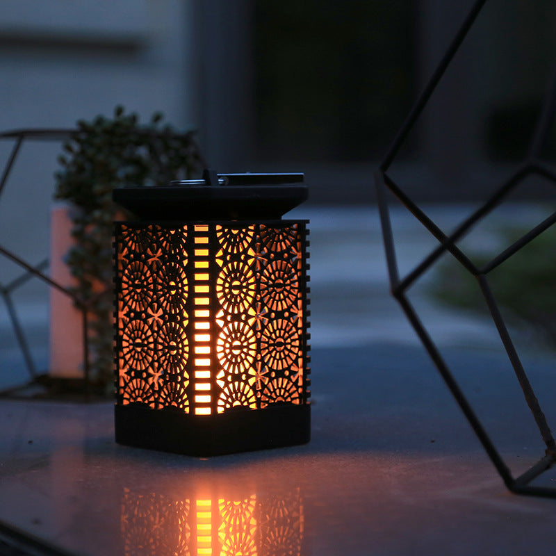 Decorative Solar-Powered Metal Lantern With Filigree Cutout And Flickering LED Flame Effect Bowlift
