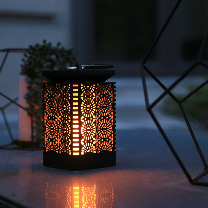 Decorative Solar-Powered Metal Lantern With Filigree Cutout And Flickering LED Flame Effect Bowlift
