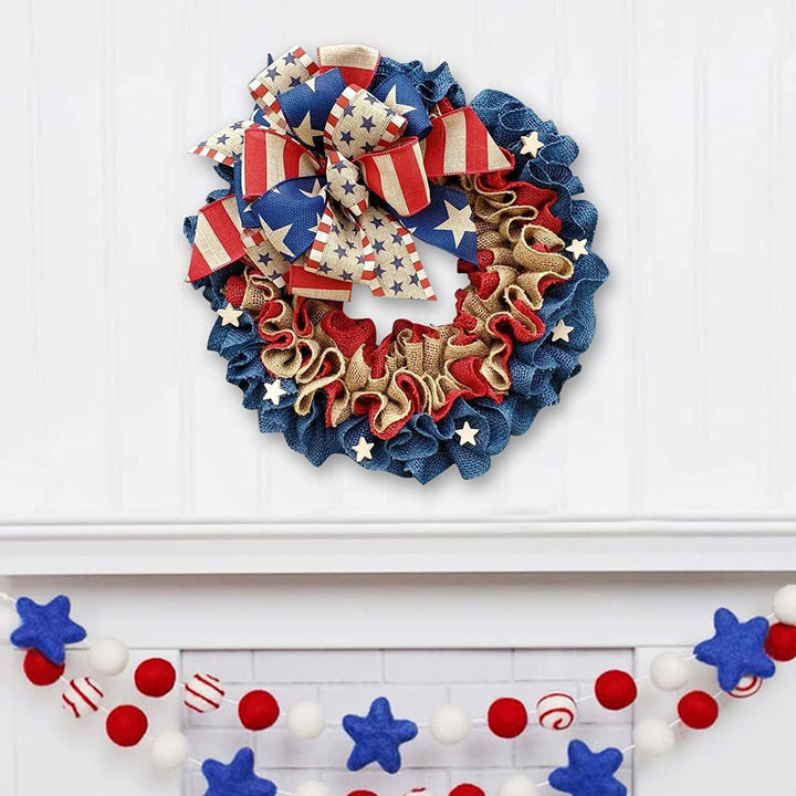 Unisex nan patriotic burlap wreath with layered ruffled Americana bow Bowlift