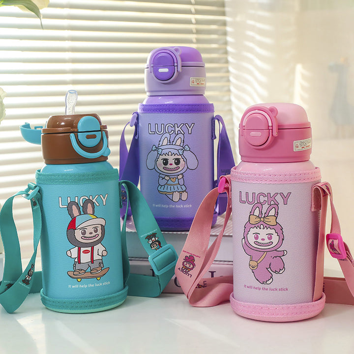 Ladies insulated drinking bottle with cute frog design and practical carrying strap Bowlift