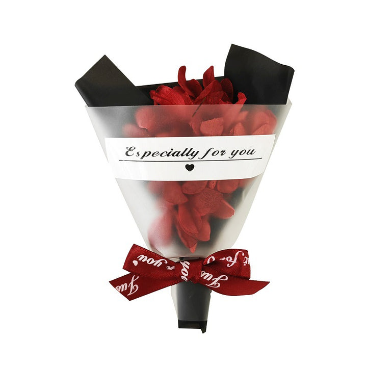 Mini Faux Rose Petal Gift Bouquet With Satin Ribbon Bow And Translucent Cone Wrap