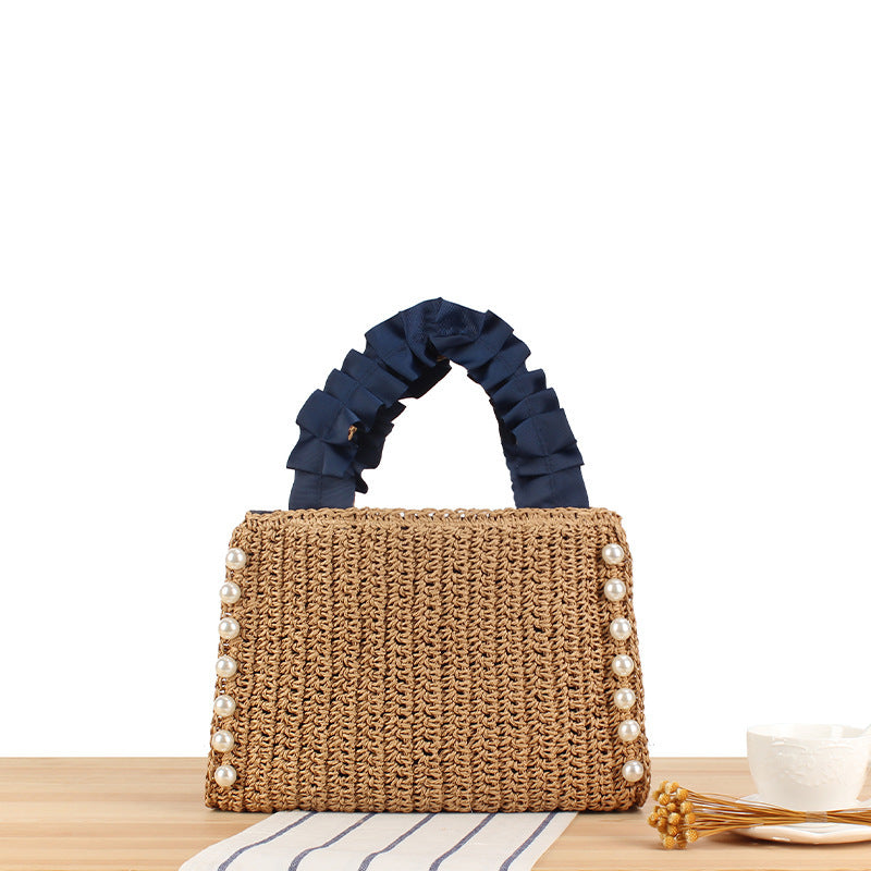 Handbag with High-Quality Pearl Embellishment and Fashionable Ruffled Handle Bowlift