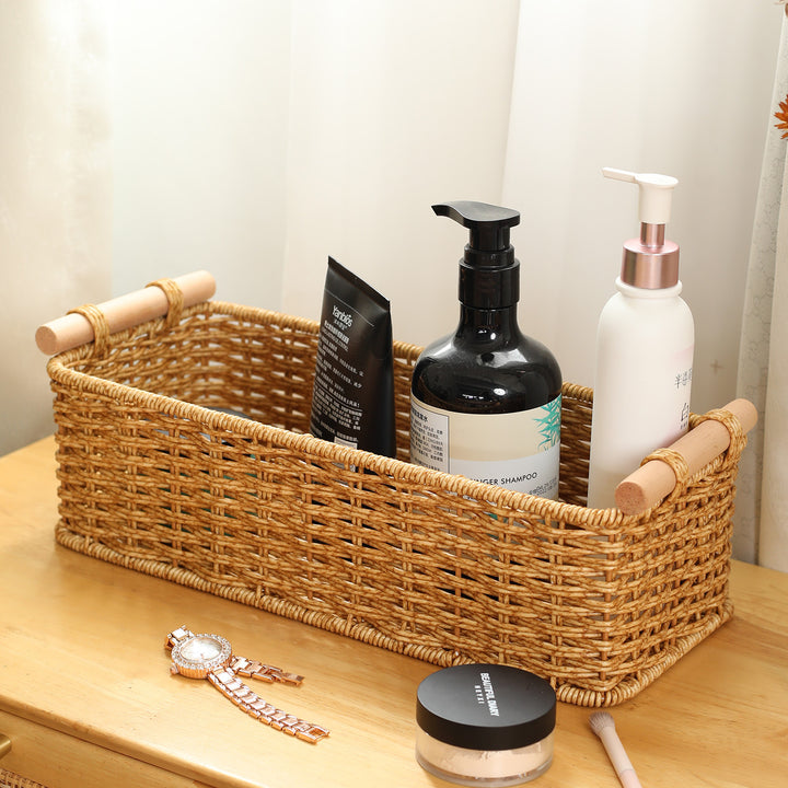 Rectangular Woven Storage Basket with Wooden Handles Bowlift