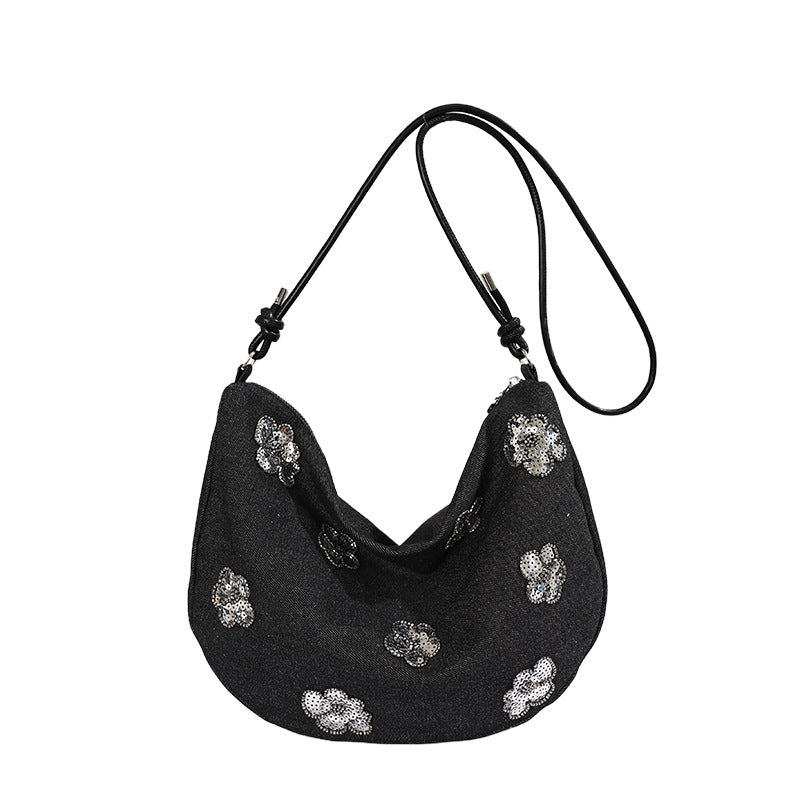 Floral Embellished Denim Handbag Bowlift