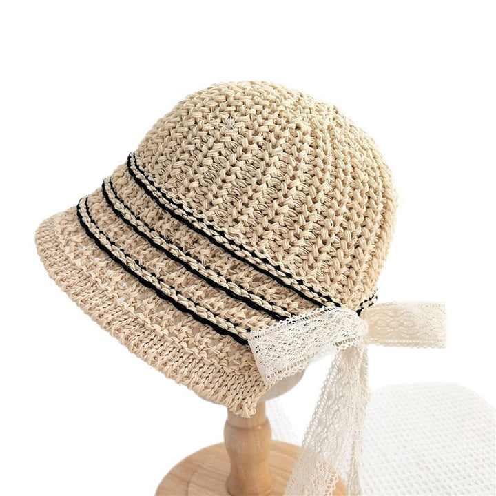 Crocheted Raffia Bucket Sun Hat with Lace Tie and Braided Trim Bowlift