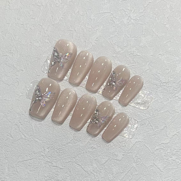 Stylish Press-On Nail Art Set with Elegant Butterfly and Gem Accents Bowlift