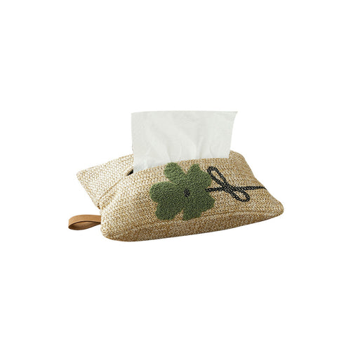 Woven tissue box cover in straw look with embroidered flower motif Bowlift