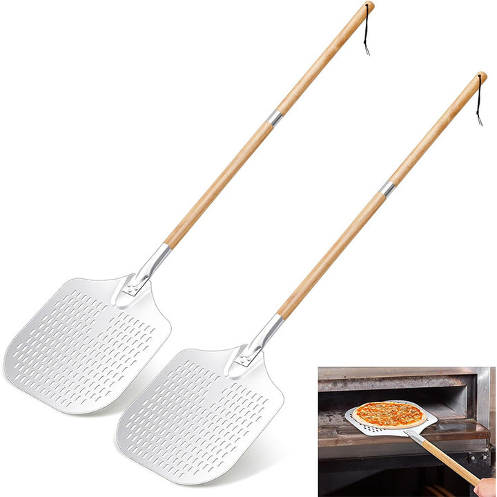 long-handled perforated pizza peel set with wooden handle stainless steel cutter and triangle server Bowlift
