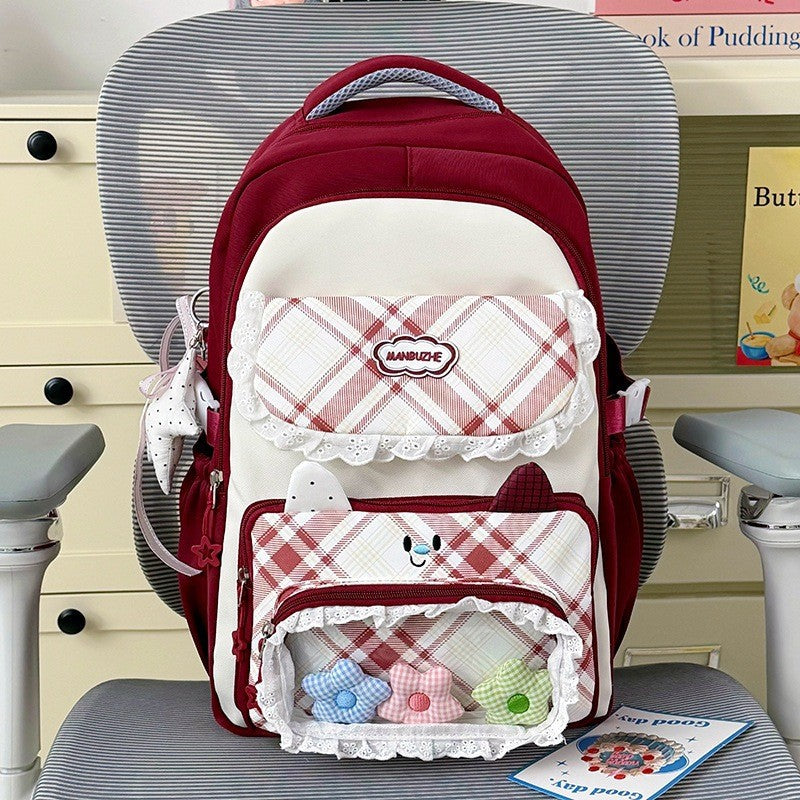 Cute Plaid Patterned Multi-Pocket School Backpack