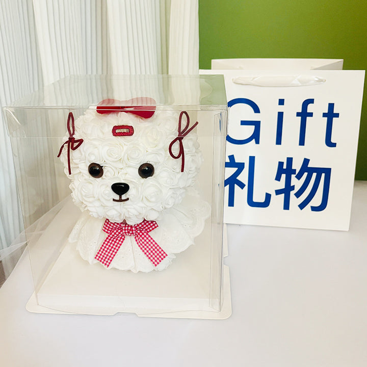 Foam Rose Teddy Bear Gift Sculpture With Satin Ribbon Bow