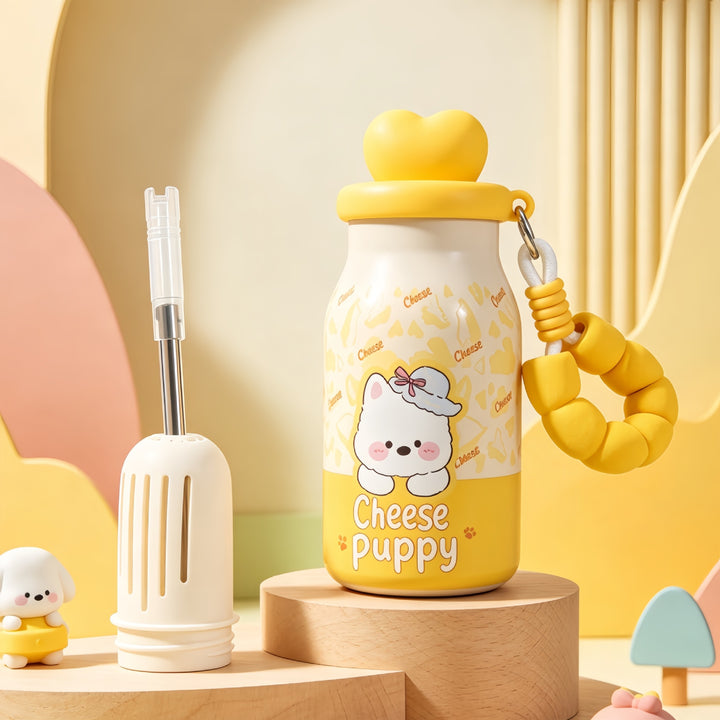Insulated drinking bottle with sweet dog design and practical carrying strap Bowlift