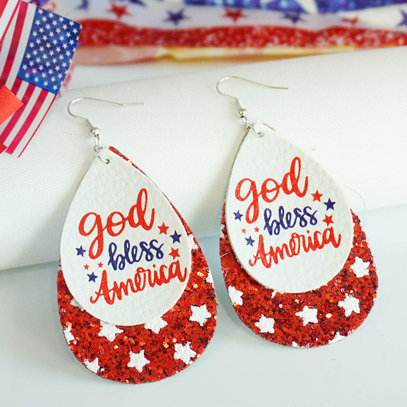 Women's patriotic drop earrings made of faux leather with glitter stars and the inscription Bowlift