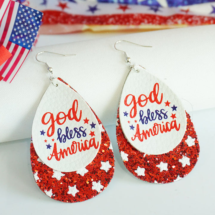 Women's patriotic drop earrings made of faux leather with glitter stars and the inscription Bowlift
