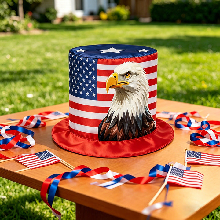 Unisex nan patriotic party top hat with all-over flag pattern and stable brim Bowlift