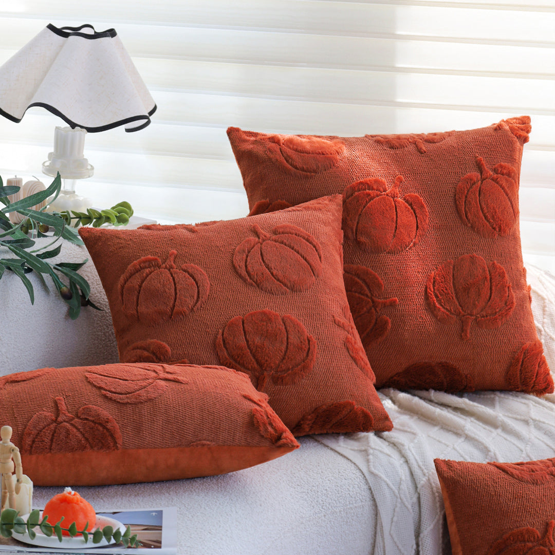 Square decorative pillow cover with 3D pumpkin tufting made of fluffy chenille and concealed zipper Bowlift