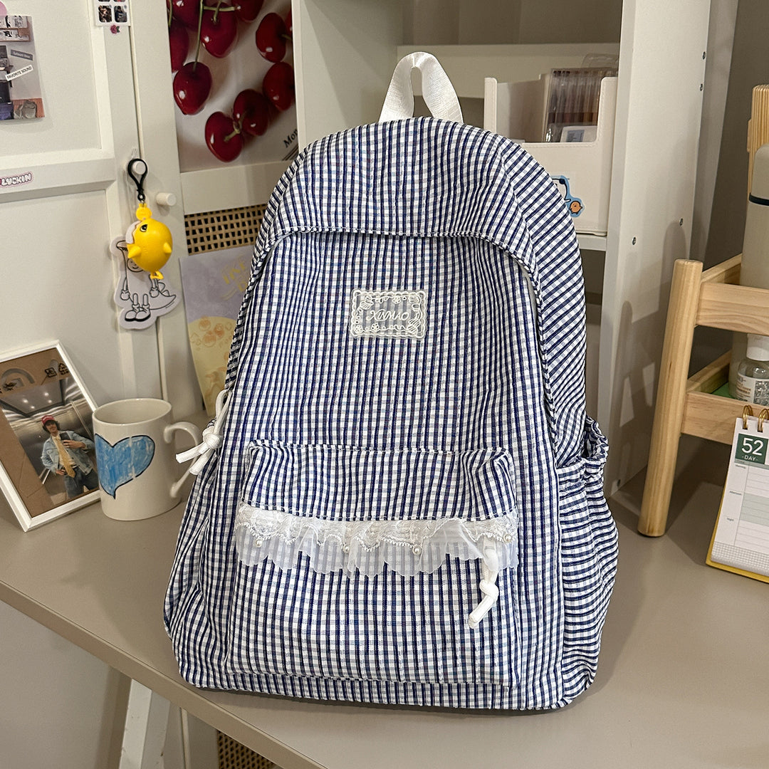 Charming Striped Lace-Trimmed Backpack Bowlift