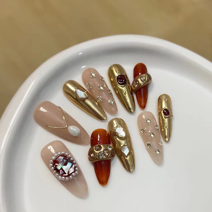Artistic Press-On Nail Set with Luxury Gemstone Accents Bowlift