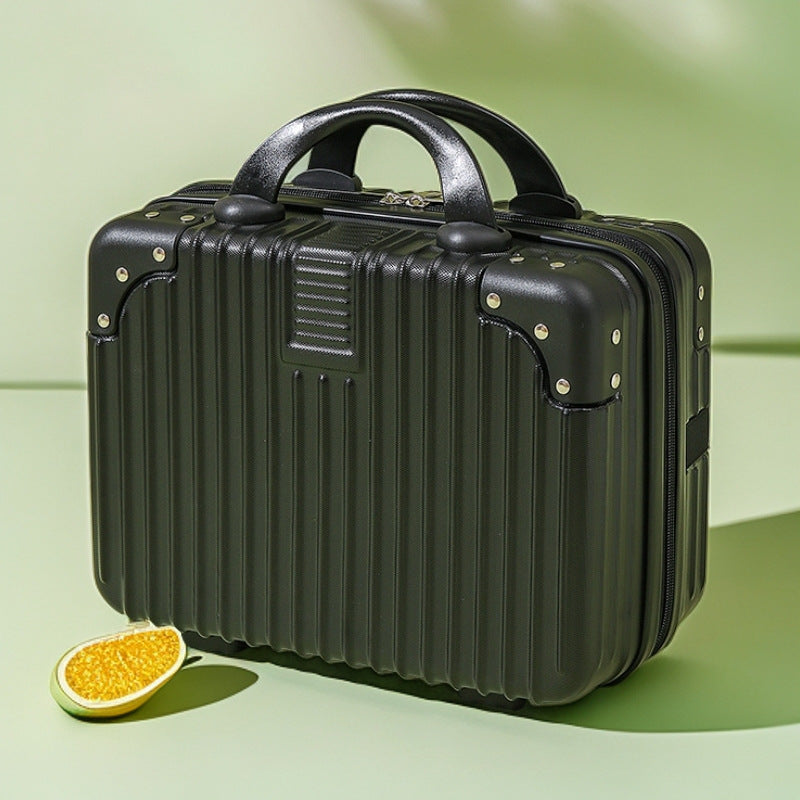 structured hard-shell vanity travel case with faux-leather corner reinforcements and dual top handles Bowlift
