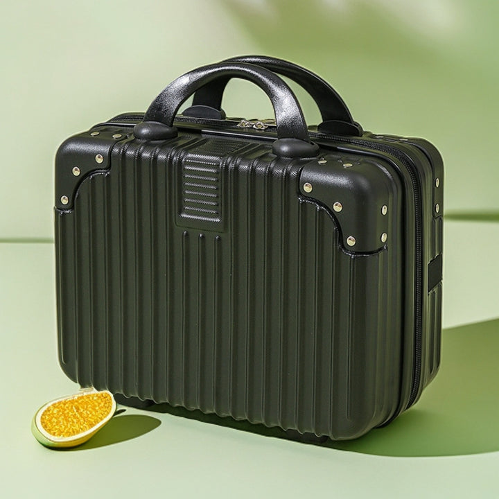 structured hard-shell vanity travel case with faux-leather corner reinforcements and dual top handles Bowlift