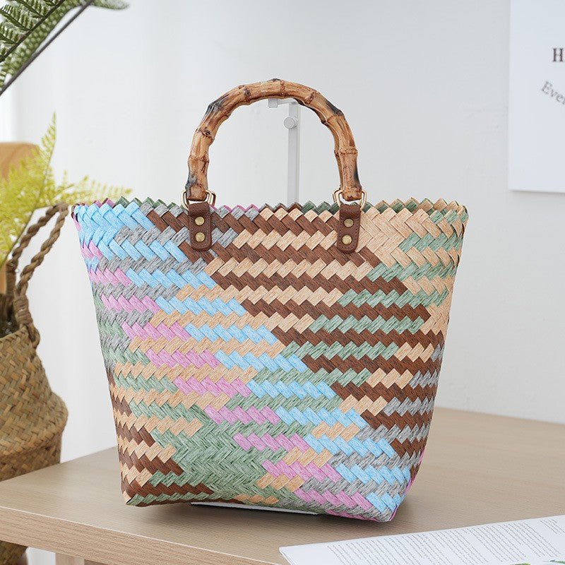Bamboo Handle Bag Made of Braided Material Bowlift