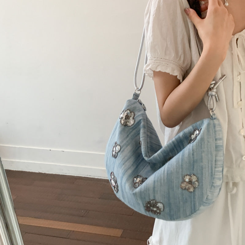 Floral Embellished Denim Handbag Bowlift