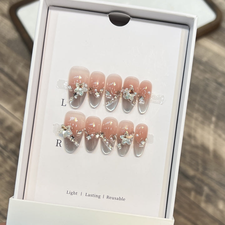 Elegant Press-On Almond Nails with Floral Accents Bowlift