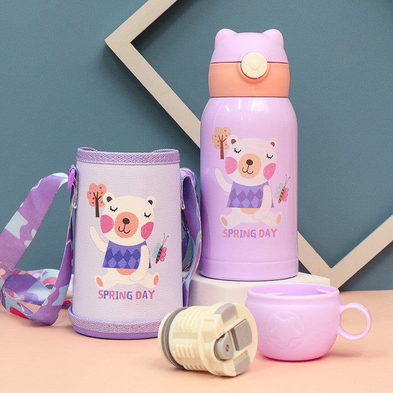 Ladies insulated drinking bottle with cute frog design and practical carrying strap Bowlift