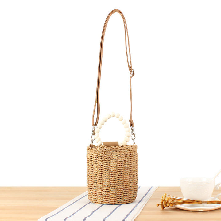 Handbag Made of Woven Natural Material with Decorative Wooden Handle Bowlift