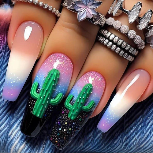 Artificial nails with 3D cactus design Bowlift