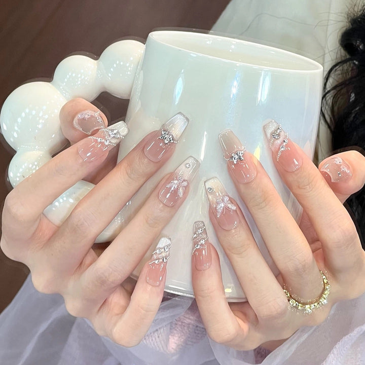 Elegant Press-On Nail Set with Butterfly and Gemstone Accents Bowlift