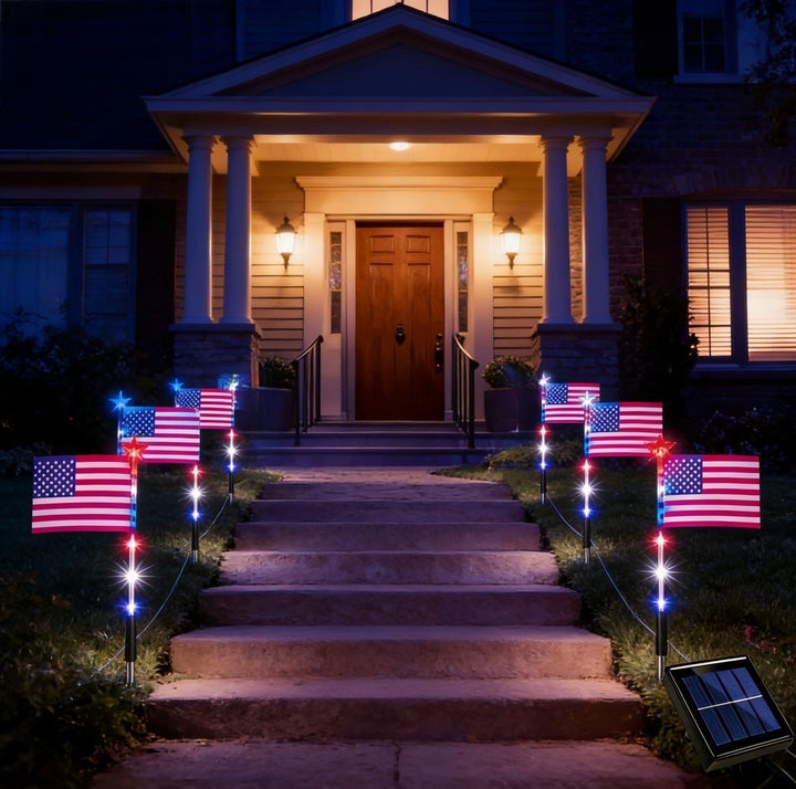 Unisex solar-powered ground spikes with mini flags and glowing star LEDs Bowlift