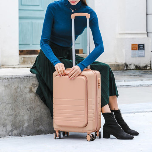 carry-on hardshell front-pocket spinner suitcase with quick-access compartment telescopic handle and smooth full-rotation wheels Bowlift