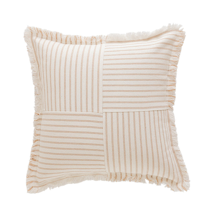 Decorative Rectangular Striped Patchwork Throw Pillow with Fringed Edges