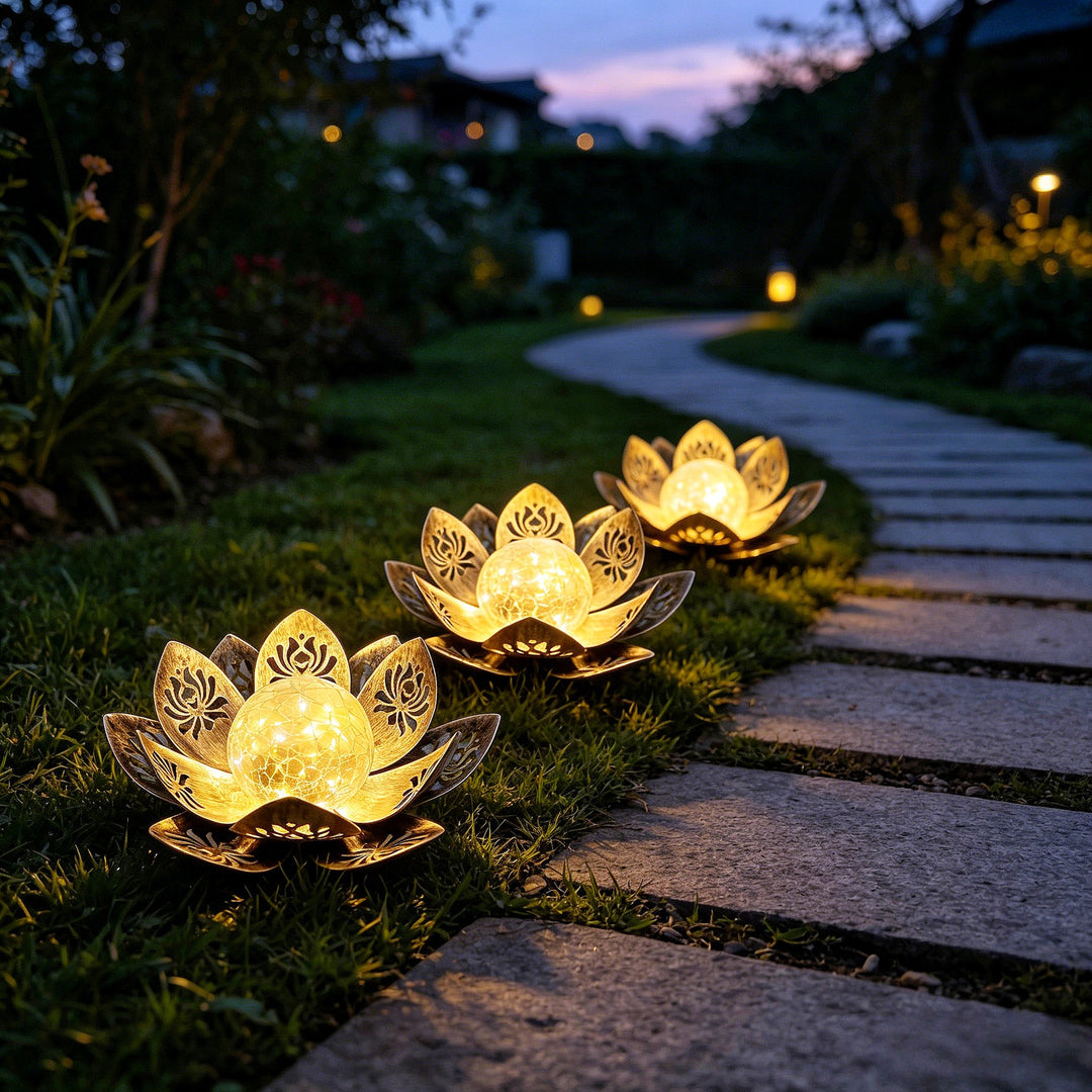 Decorative Lotus Solar Garden Light With Cracked Glass Orb Bowlift