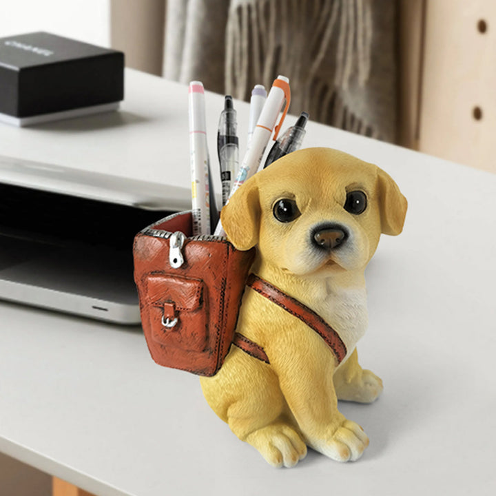 Decorative resin puppy pen holder with backpack desk organizer Bowlift