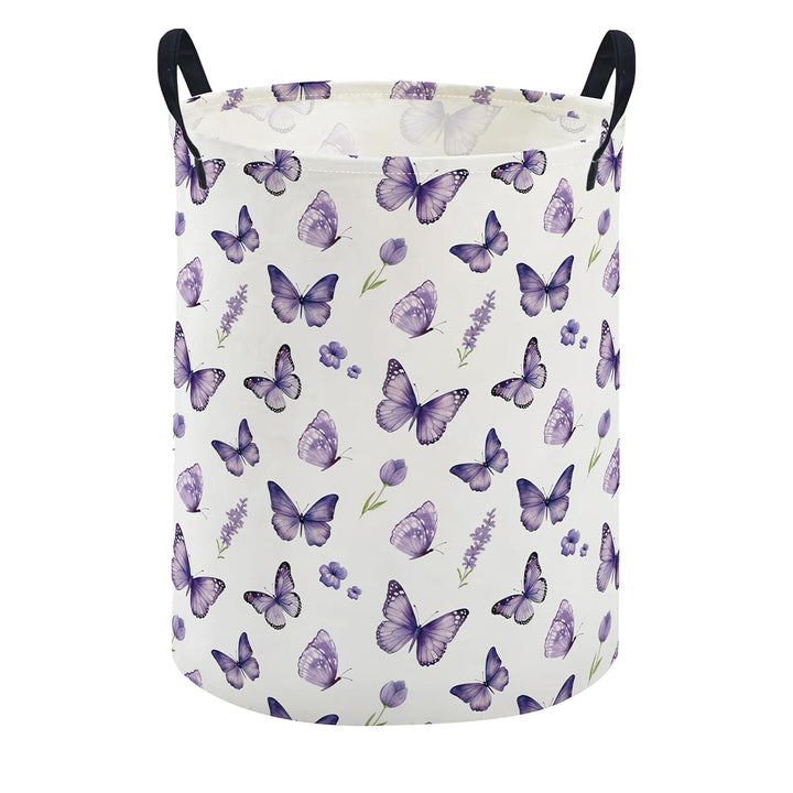 Collapsible Round Fabric Laundry Hamper With Butterfly Print Reinforced Carry Handles Waterproof Liner