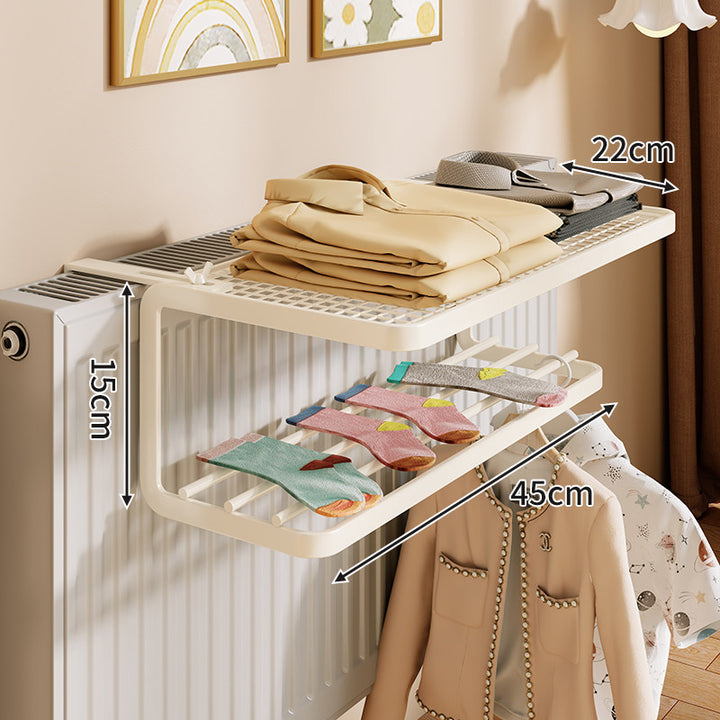 Radiator-Mounted Heated Drying Shelf with Foldable Hanging Bars
