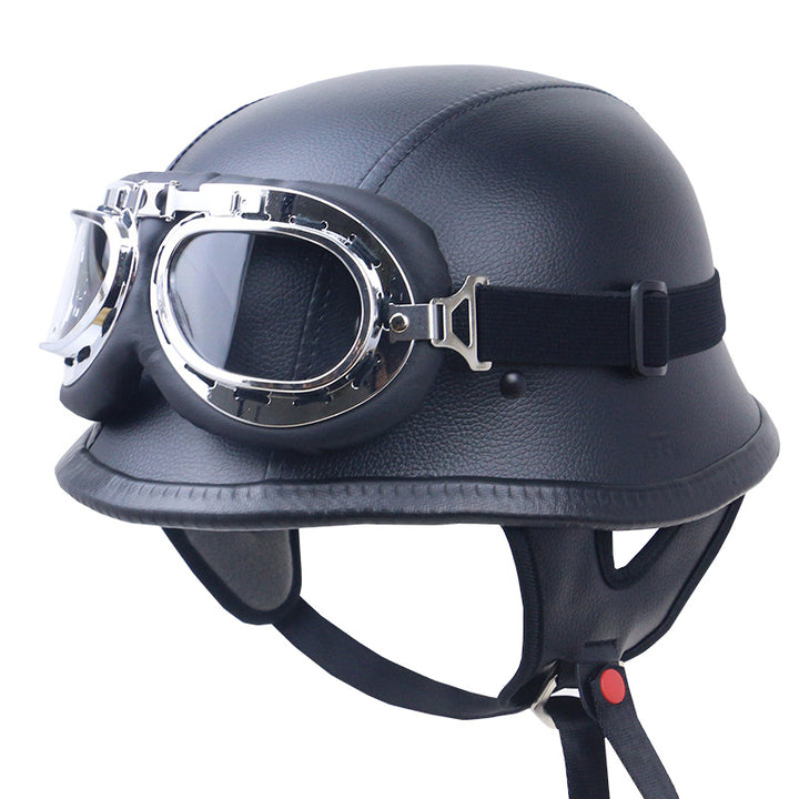 Vintage Leather Motorcycle Helmet with Goggles Bowlift