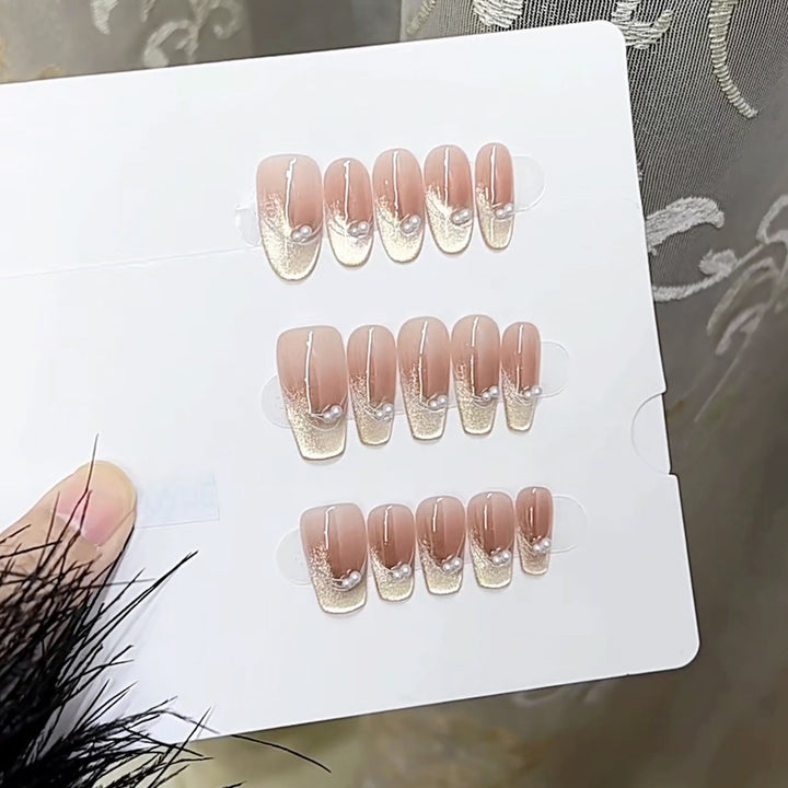 Elegant Press-On Nail Set with Pearls Bowlift