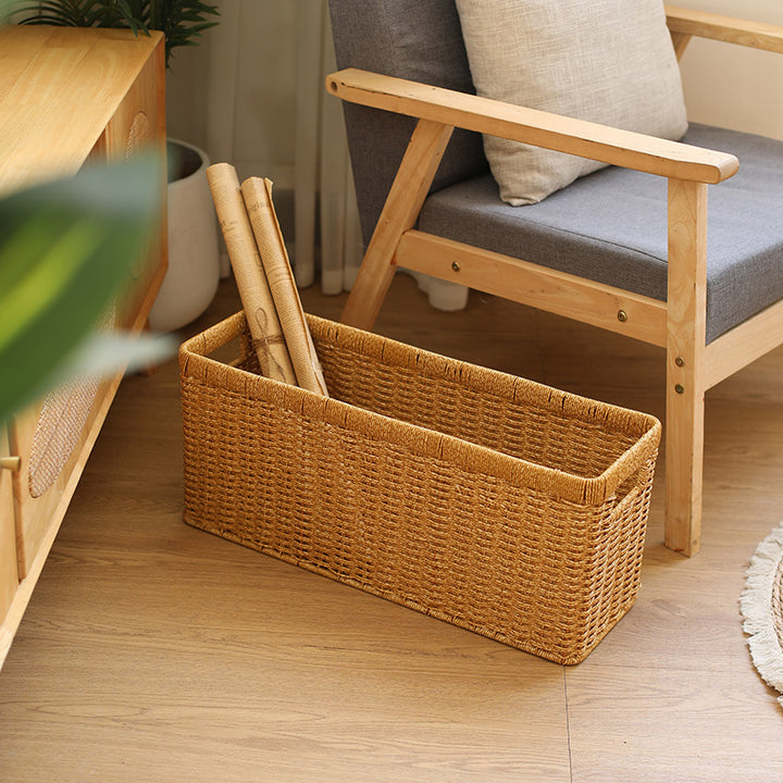 Handwoven Rectangular Storage Bin with Cutout Handles Bowlift