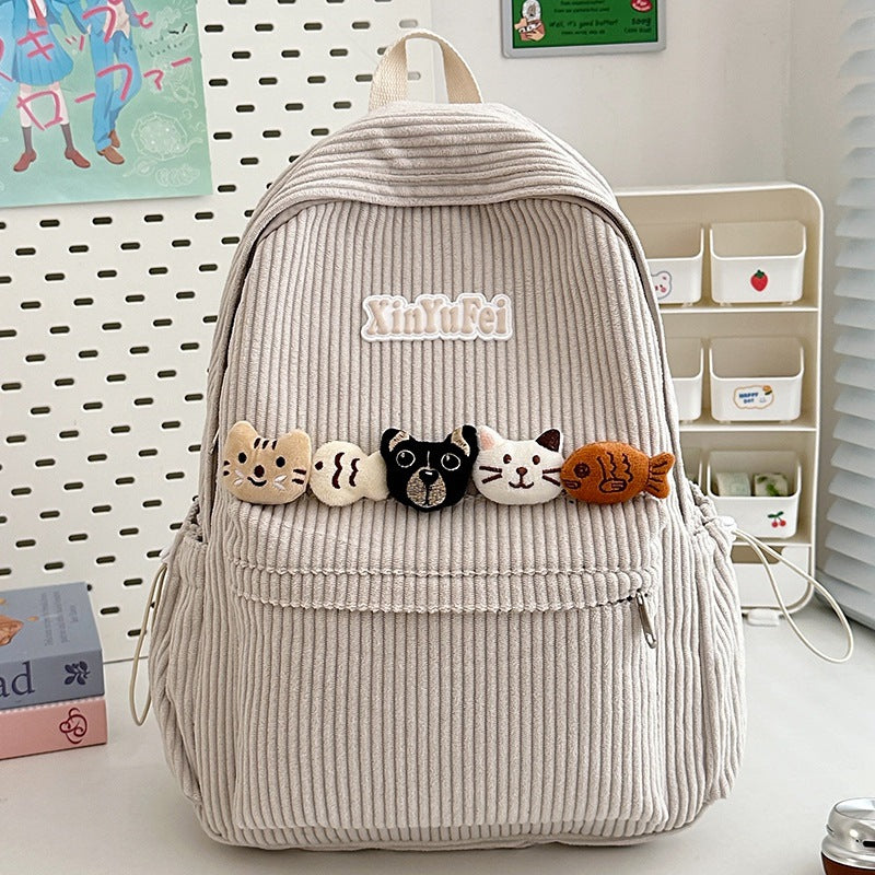 Corduroy Cat-Embellished School Backpack