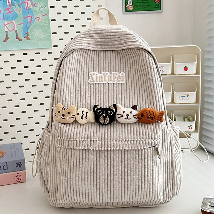 Corduroy Cat-Embellished School Backpack