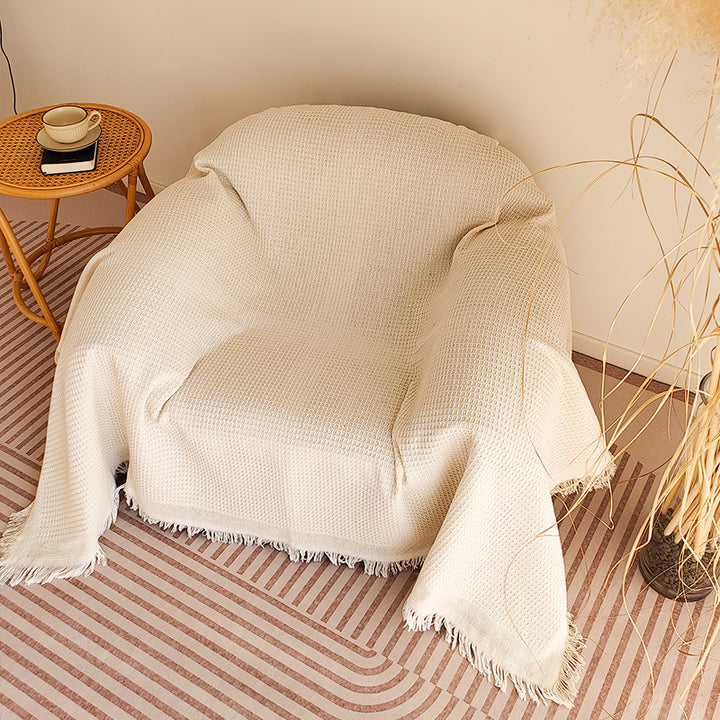 Waffle-Weave Fringed Throw Blanket Bowlift