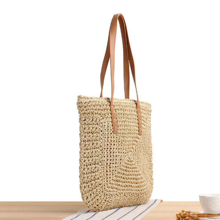 Natural bast shoulder bag with leather handles Bowlift